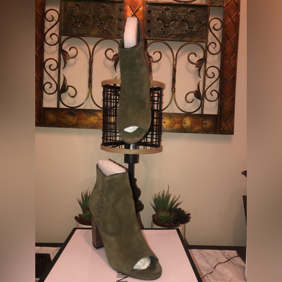 Ankle booties-Olive green suede; brown wooden heel; worn a few times. - Picture 3 of 8